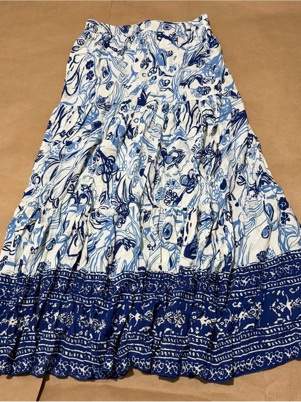 Women's Blue & White Floral Tiered Maxi Skirt